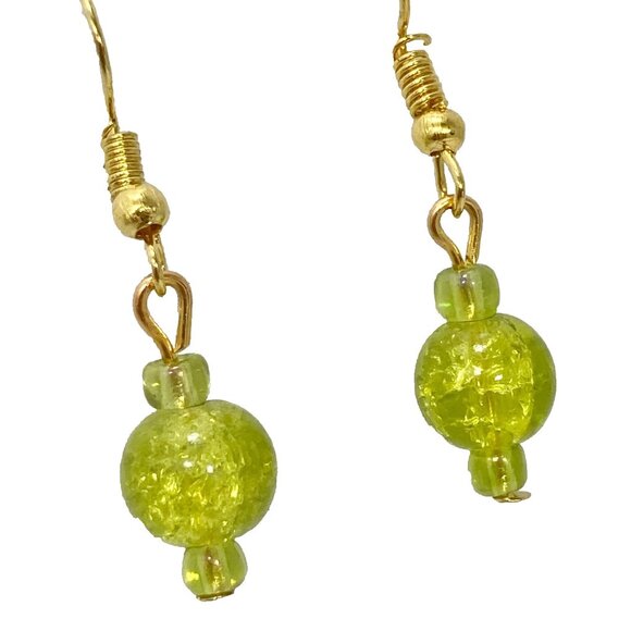 Murano Style Art Glass Bead Earrings Lime Green Gold Plated Crackled Glass Balls - Picture 3 of 8